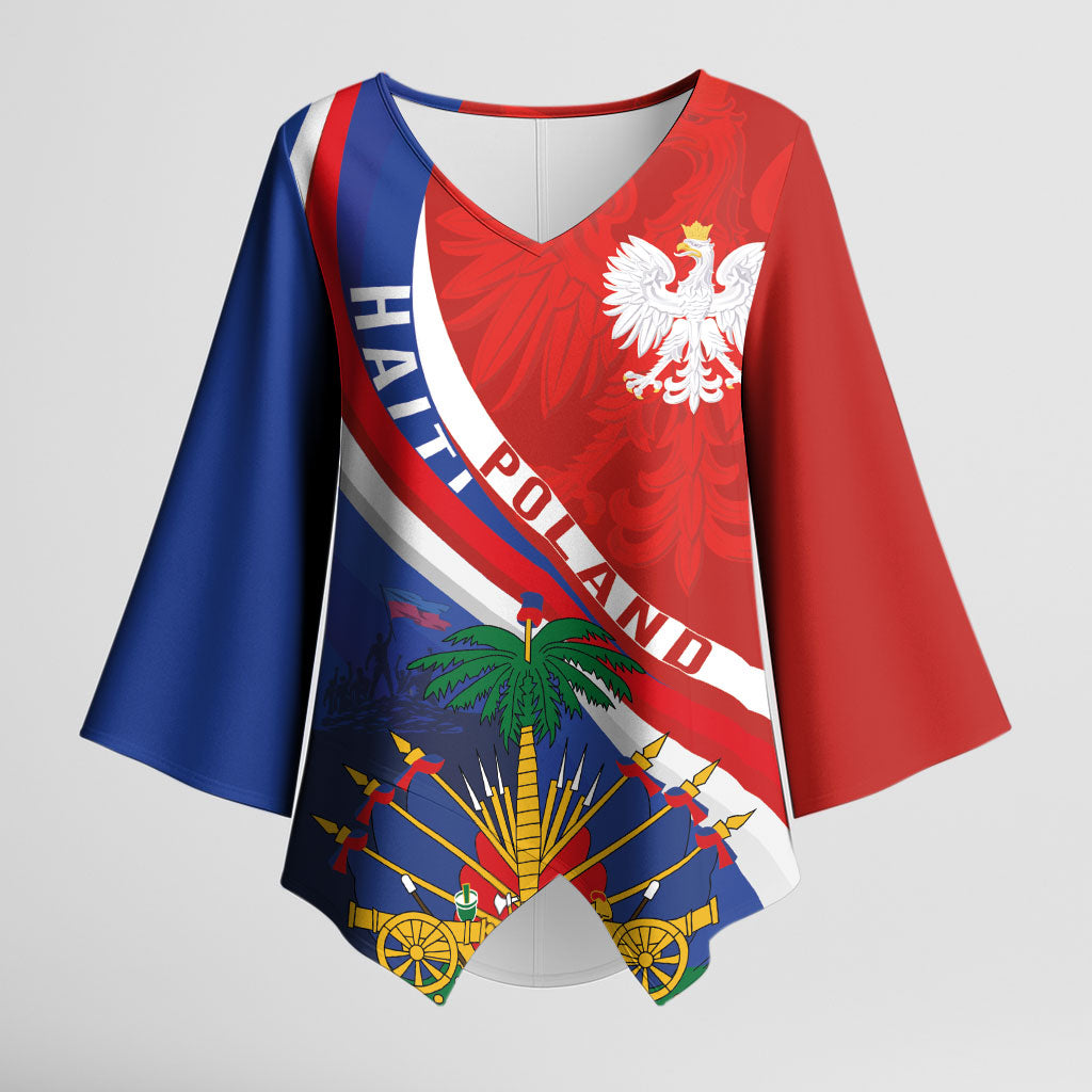Personalized Haiti and Poland Cultural Fusion Kimono Sleeve Blouse White Eagle and Haitian Independence Symbols