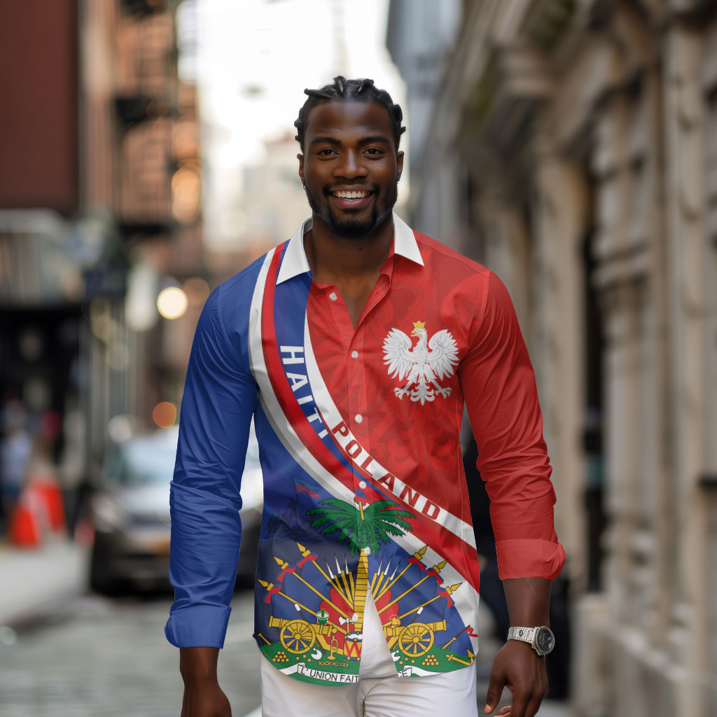 Personalized Haiti and Poland Cultural Fusion Long Sleeve Button Shirt White Eagle and Haitian Independence Symbols