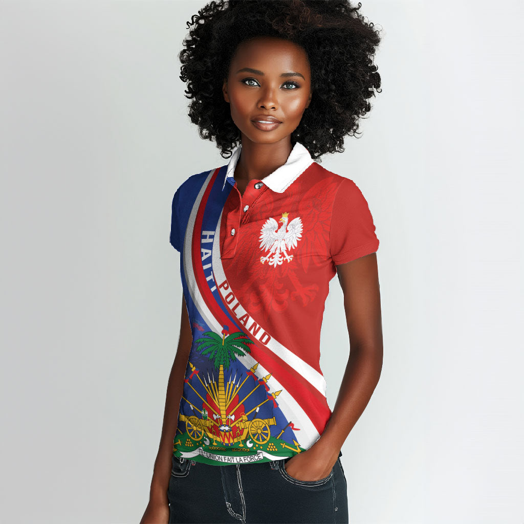 Personalized Haiti and Poland Cultural Fusion Women Polo Shirt White Eagle and Haitian Independence Symbols