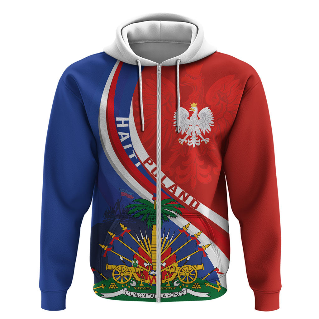 Personalized Haiti and Poland Cultural Fusion Zip Hoodie White Eagle and Haitian Independence Symbols