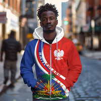 Personalized Haiti and Poland Cultural Fusion Zip Hoodie White Eagle and Haitian Independence Symbols
