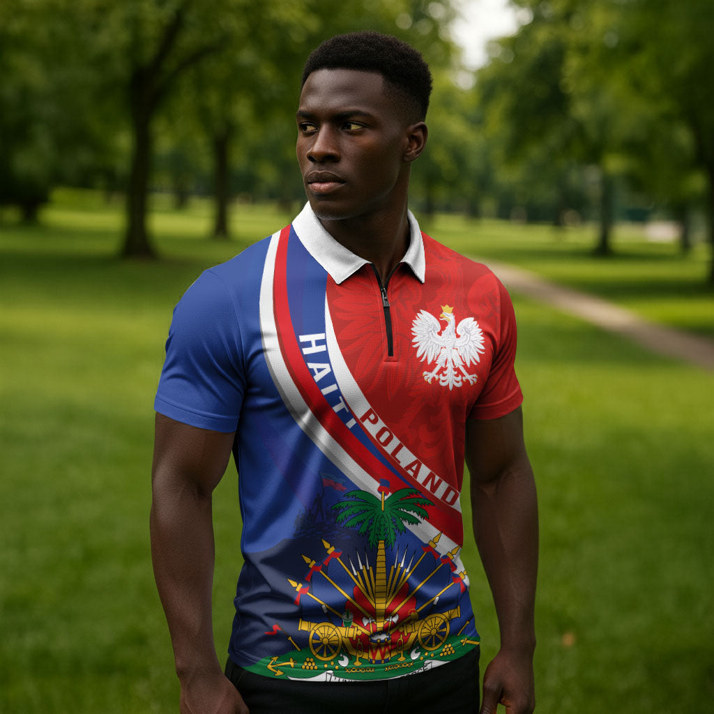 Personalized Haiti and Poland Cultural Fusion Zipper Polo Shirt White Eagle and Haitian Independence Symbols