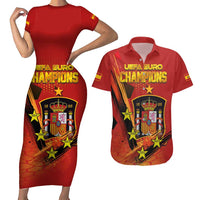 Personalised Spain Football 2024 Couples Matching Short Sleeve Bodycon Dress and Hawaiian Shirt La Roja The Fourth Time Champion European - Wonder Print Shop