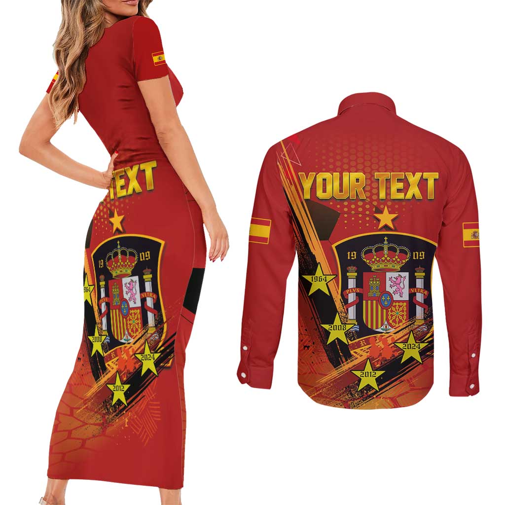 Personalised Spain Football 2024 Couples Matching Short Sleeve Bodycon Dress and Long Sleeve Button Shirt La Roja The Fourth Time Champion European - Wonder Print Shop