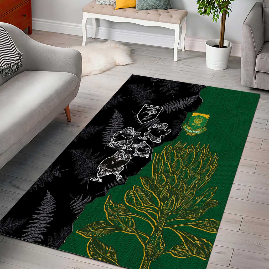 Aotearoa South Africa Rugby Freedom Cup Area Rug Kiwi Warriors Haka with King Protea Symbol - Wonder Print Shop