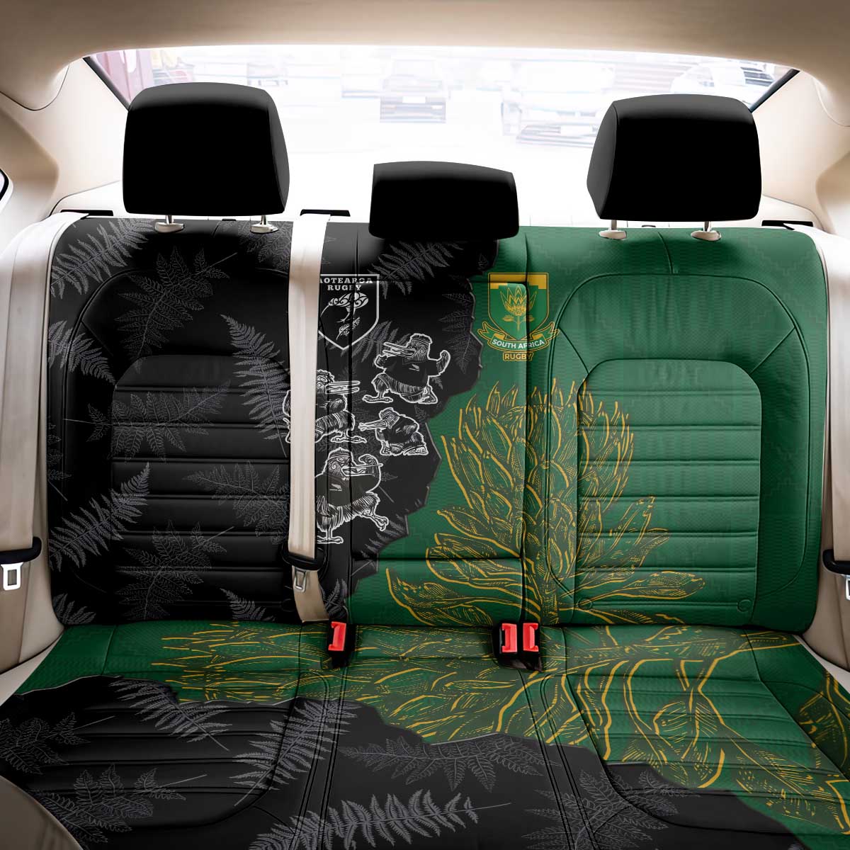 Aotearoa South Africa Rugby Freedom Cup Back Car Seat Cover Kiwi Warriors Haka with King Protea Symbol - Wonder Print Shop