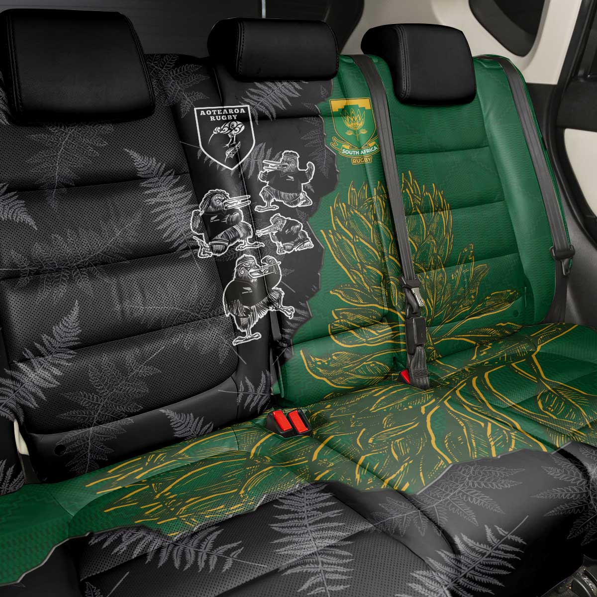 Aotearoa South Africa Rugby Freedom Cup Back Car Seat Cover Kiwi Warriors Haka with King Protea Symbol - Wonder Print Shop