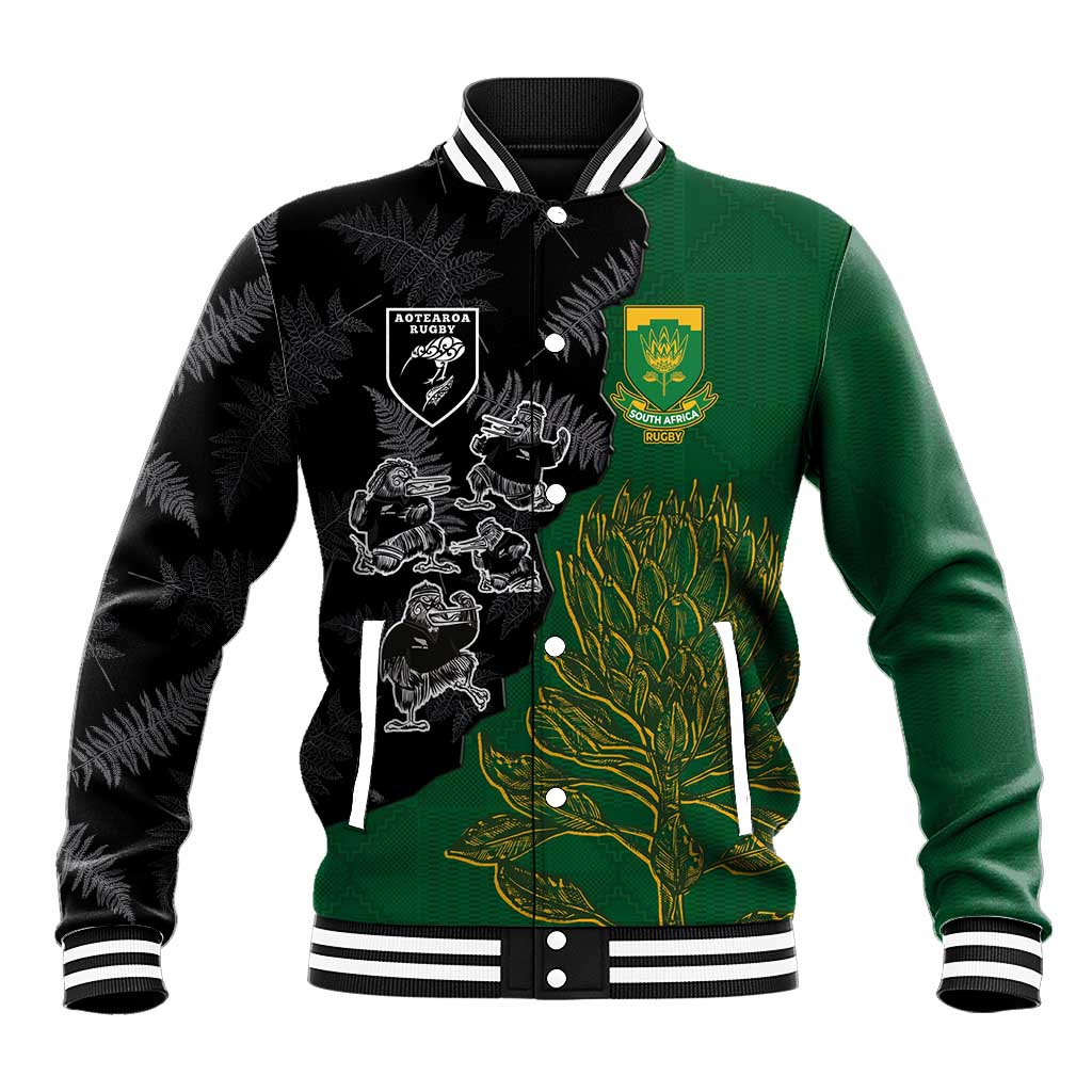 Custom Aotearoa South Africa Rugby Freedom Cup Baseball Jacket Kiwi Warriors Haka with King Protea Symbol - Wonder Print Shop