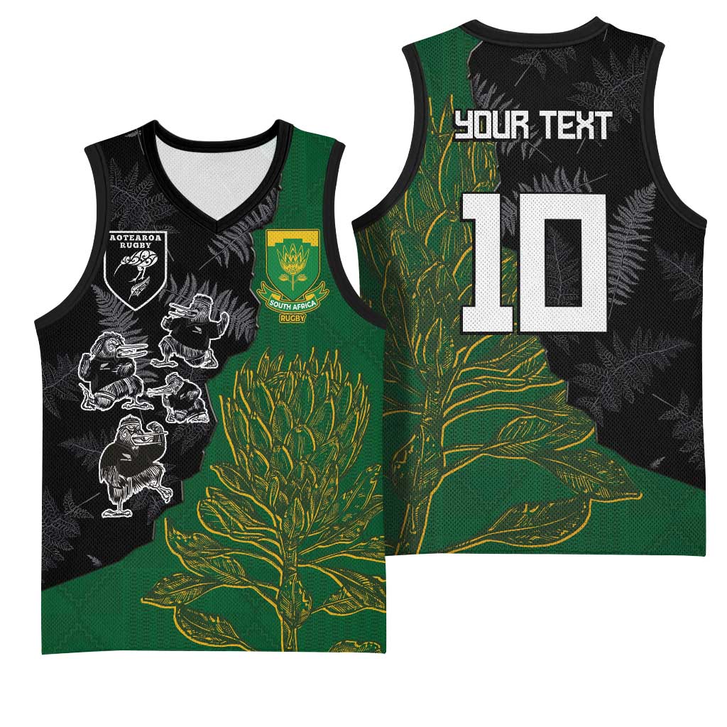 Custom Aotearoa South Africa Rugby Freedom Cup Basketball Jersey Kiwi Warriors Haka with King Protea Symbol - Wonder Print Shop