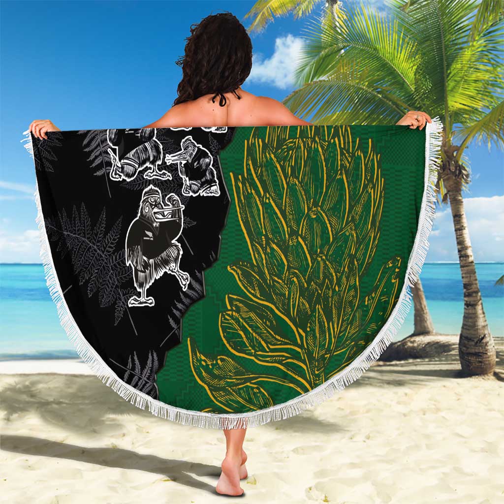 Aotearoa South Africa Rugby Freedom Cup Beach Blanket Kiwi Warriors Haka with King Protea Symbol - Wonder Print Shop