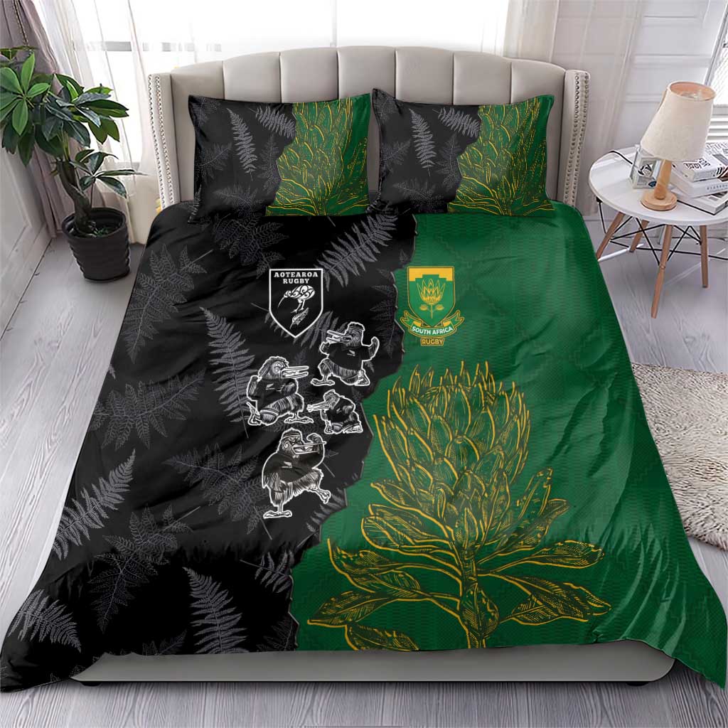 Aotearoa South Africa Rugby Freedom Cup Bedding Set Kiwi Warriors Haka with King Protea Symbol - Wonder Print Shop