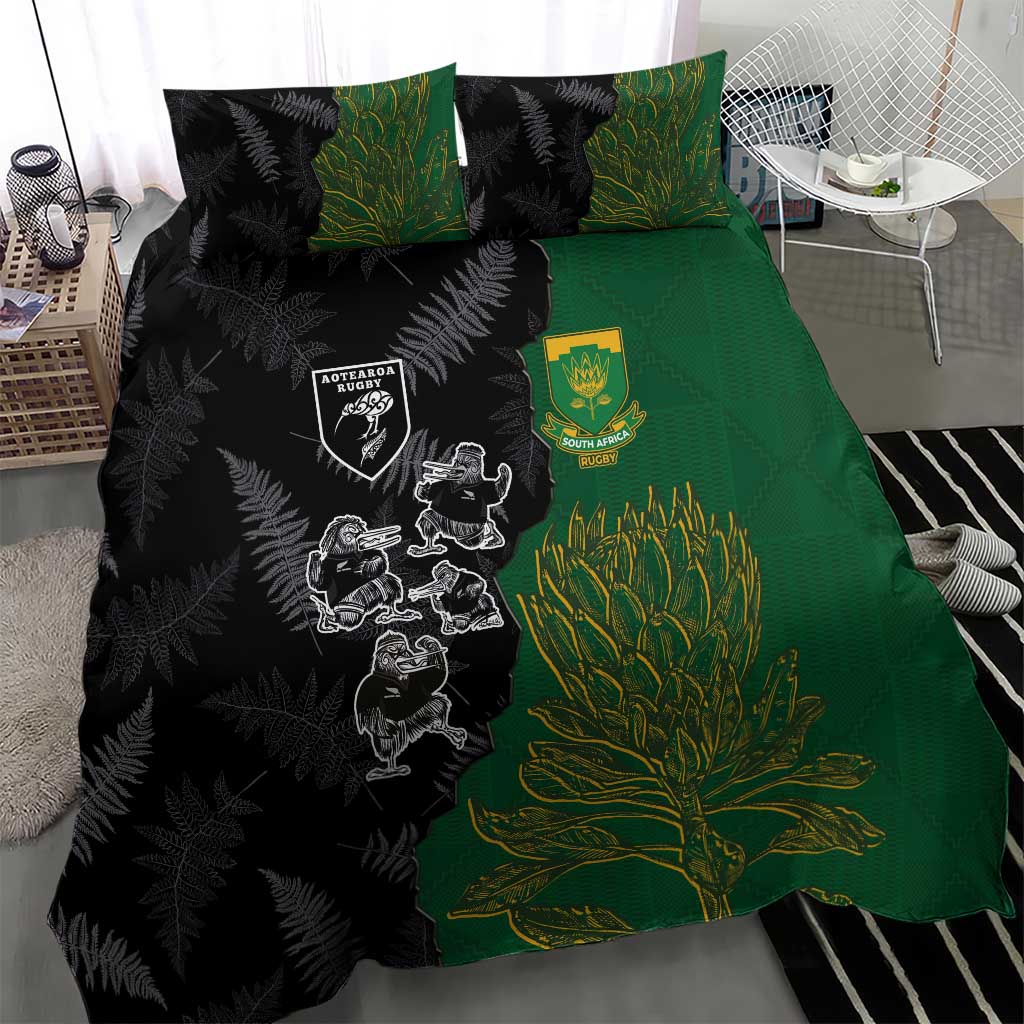Aotearoa South Africa Rugby Freedom Cup Bedding Set Kiwi Warriors Haka with King Protea Symbol - Wonder Print Shop