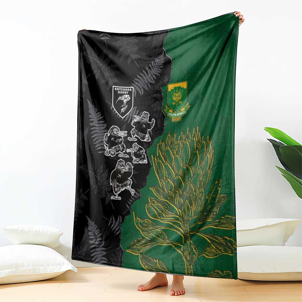 Aotearoa South Africa Rugby Freedom Cup Blanket Kiwi Warriors Haka with King Protea Symbol - Wonder Print Shop