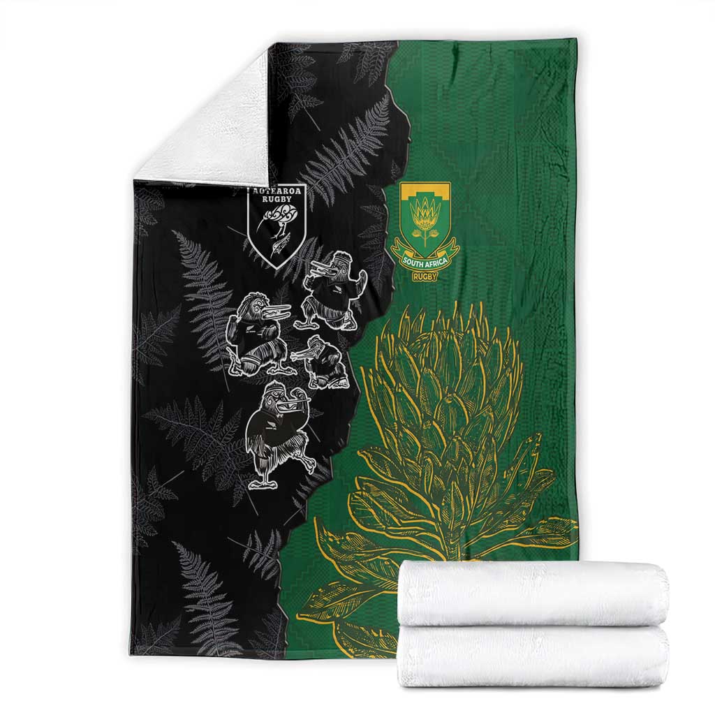 Aotearoa South Africa Rugby Freedom Cup Blanket Kiwi Warriors Haka with King Protea Symbol - Wonder Print Shop