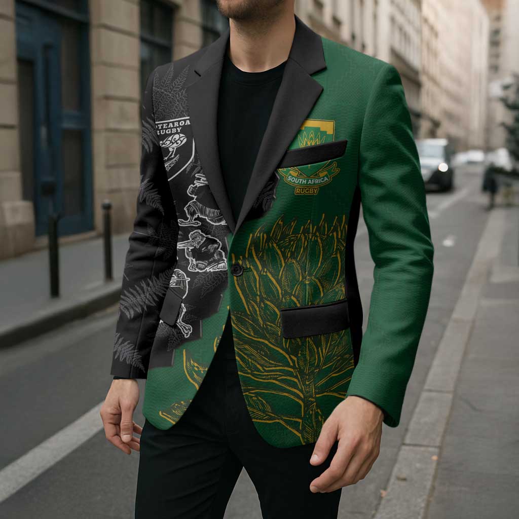 Custom Aotearoa South Africa Rugby Freedom Cup Blazer Kiwi Warriors Haka with King Protea Symbol - Wonder Print Shop