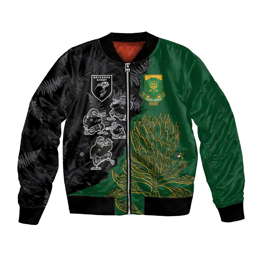 Custom Aotearoa South Africa Rugby Freedom Cup Bomber Jacket Kiwi Warriors Haka with King Protea Symbol - Wonder Print Shop