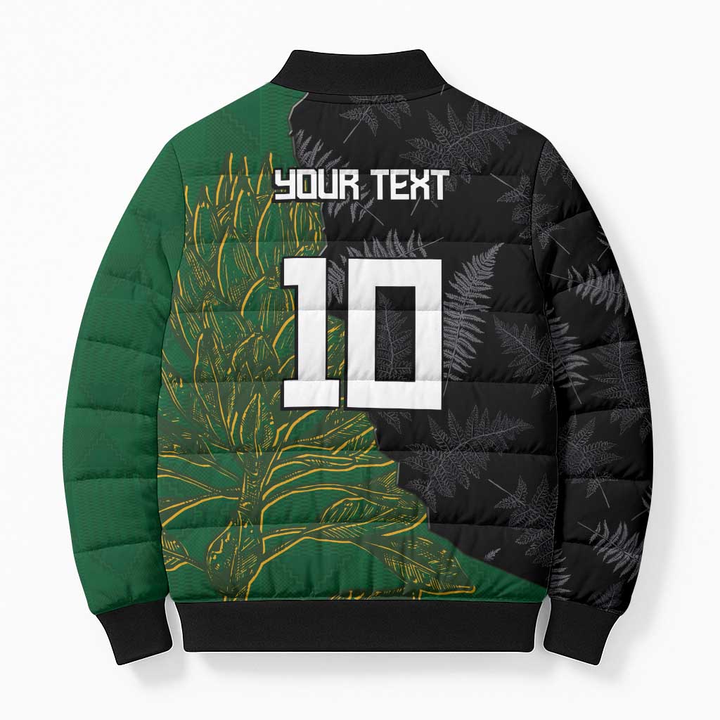 Custom Aotearoa South Africa Rugby Freedom Cup Bomber Puffer Jacket Kiwi Warriors Haka with King Protea Symbol - Wonder Print Shop