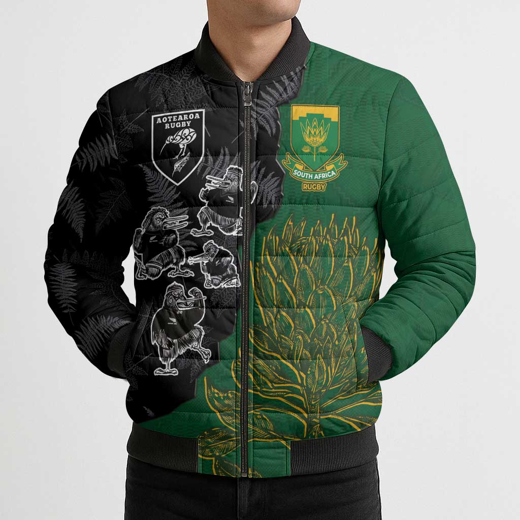 Custom Aotearoa South Africa Rugby Freedom Cup Bomber Puffer Jacket Kiwi Warriors Haka with King Protea Symbol - Wonder Print Shop