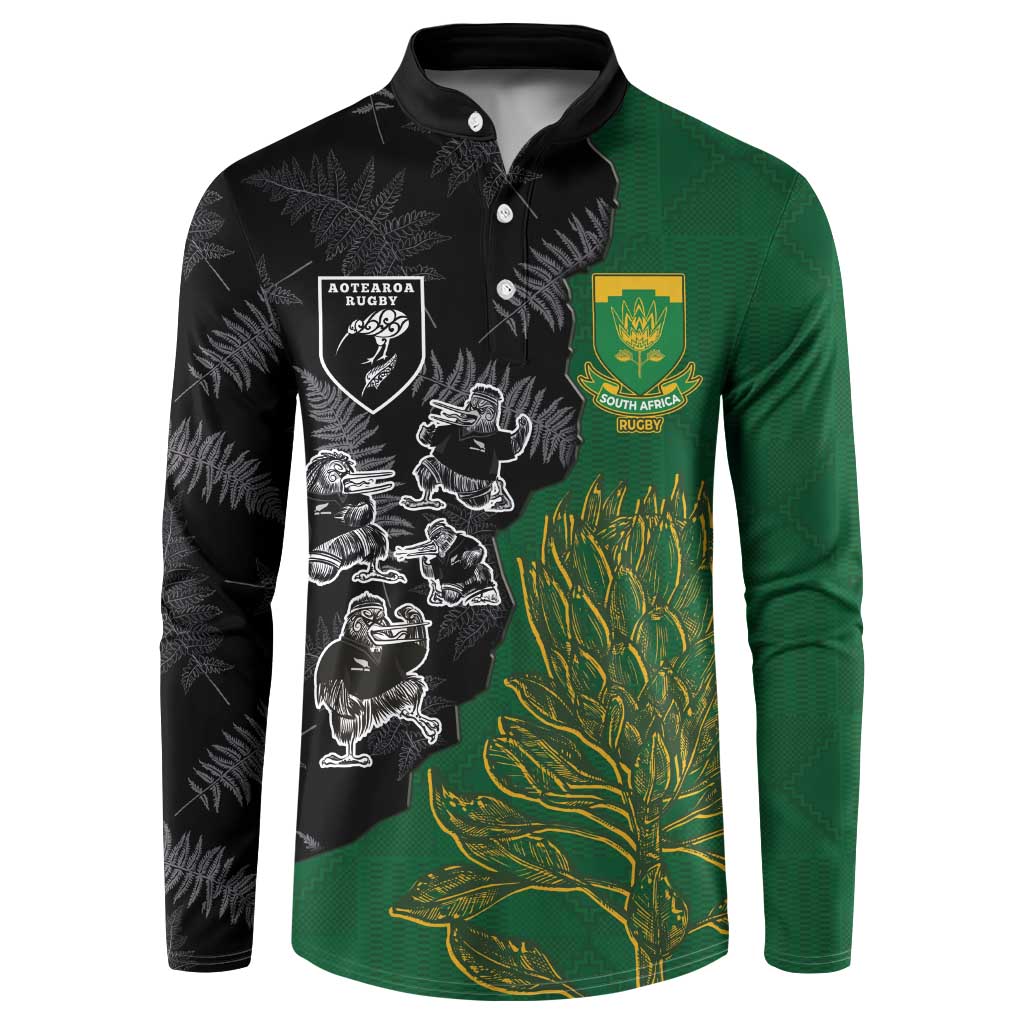 Custom Aotearoa South Africa Rugby Freedom Cup Button Sweatshirt Kiwi Warriors Haka with King Protea Symbol - Wonder Print Shop