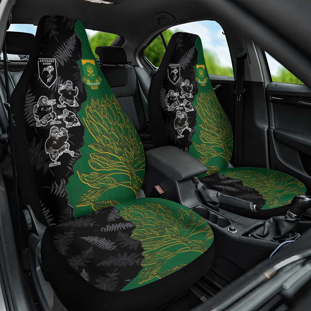 Aotearoa South Africa Rugby Freedom Cup Car Seat Cover Kiwi Warriors Haka with King Protea Symbol - Wonder Print Shop