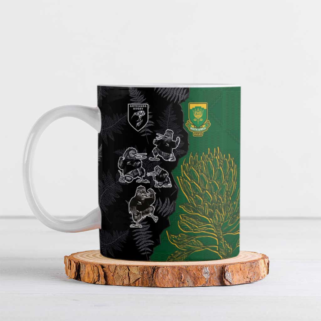 Custom Aotearoa South Africa Rugby Freedom Cup Ceramic Mug Kiwi Warriors Haka with King Protea Symbol - Wonder Print Shop