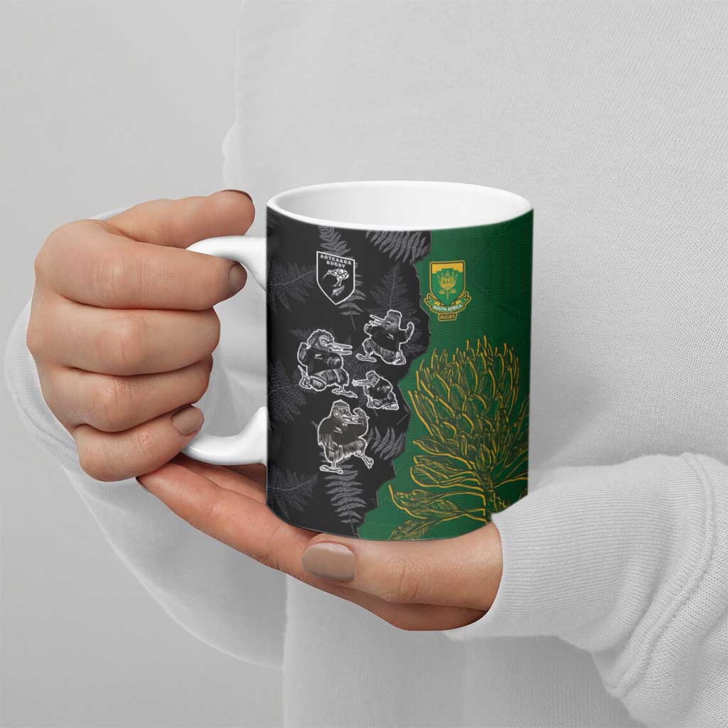 Custom Aotearoa South Africa Rugby Freedom Cup Ceramic Mug Kiwi Warriors Haka with King Protea Symbol - Wonder Print Shop