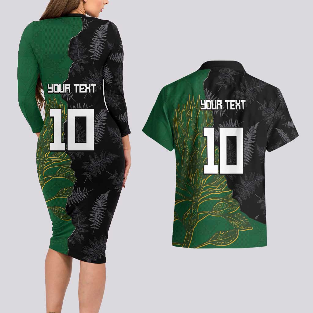 Custom Aotearoa South Africa Rugby Freedom Cup Couples Matching Long Sleeve Bodycon Dress and Hawaiian Shirt Kiwi Warriors Haka with King Protea Symbol - Wonder Print Shop
