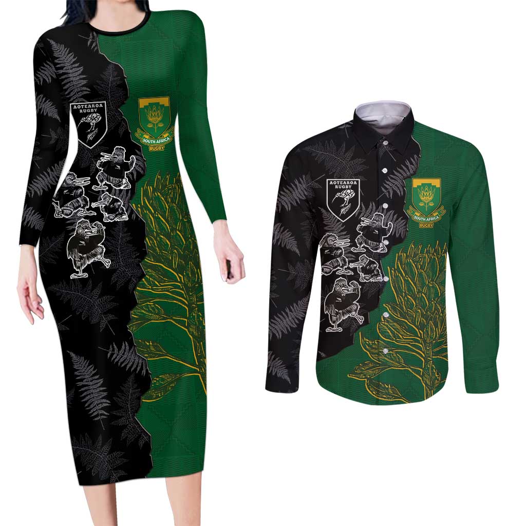 Custom Aotearoa South Africa Rugby Freedom Cup Couples Matching Long Sleeve Bodycon Dress and Long Sleeve Button Shirt Kiwi Warriors Haka with King Protea Symbol - Wonder Print Shop