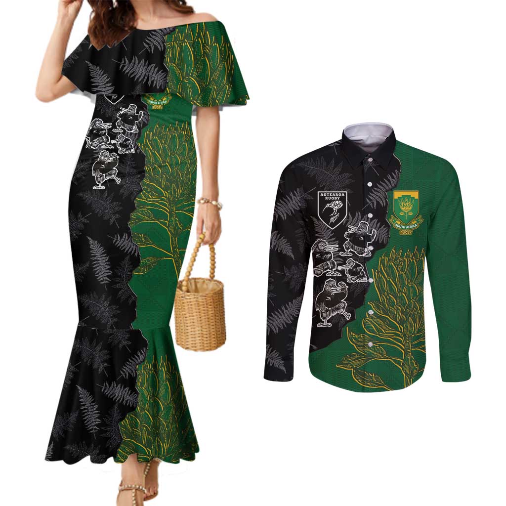 Custom Aotearoa South Africa Rugby Freedom Cup Couples Matching Mermaid Dress and Long Sleeve Button Shirt Kiwi Warriors Haka with King Protea Symbol - Wonder Print Shop