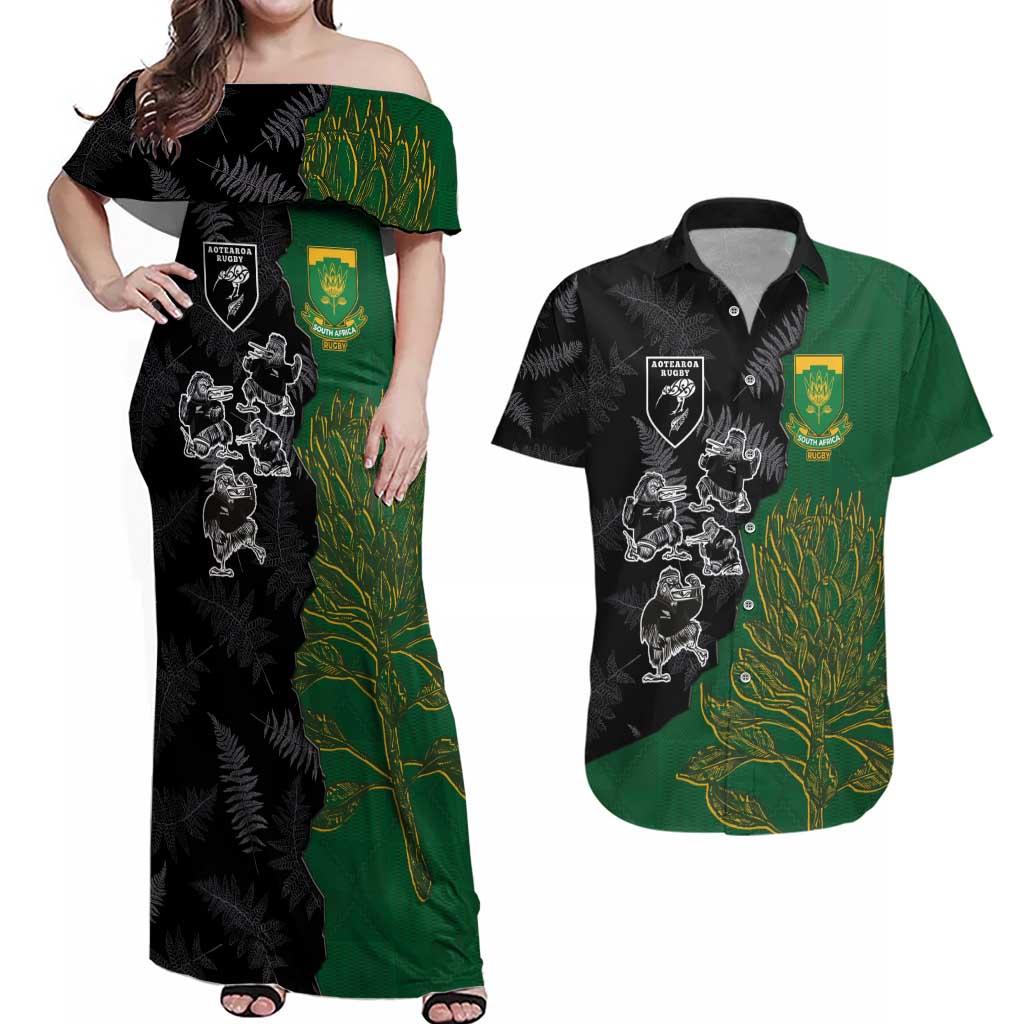 Custom Aotearoa South Africa Rugby Freedom Cup Couples Matching Off Shoulder Maxi Dress and Hawaiian Shirt Kiwi Warriors Haka with King Protea Symbol - Wonder Print Shop