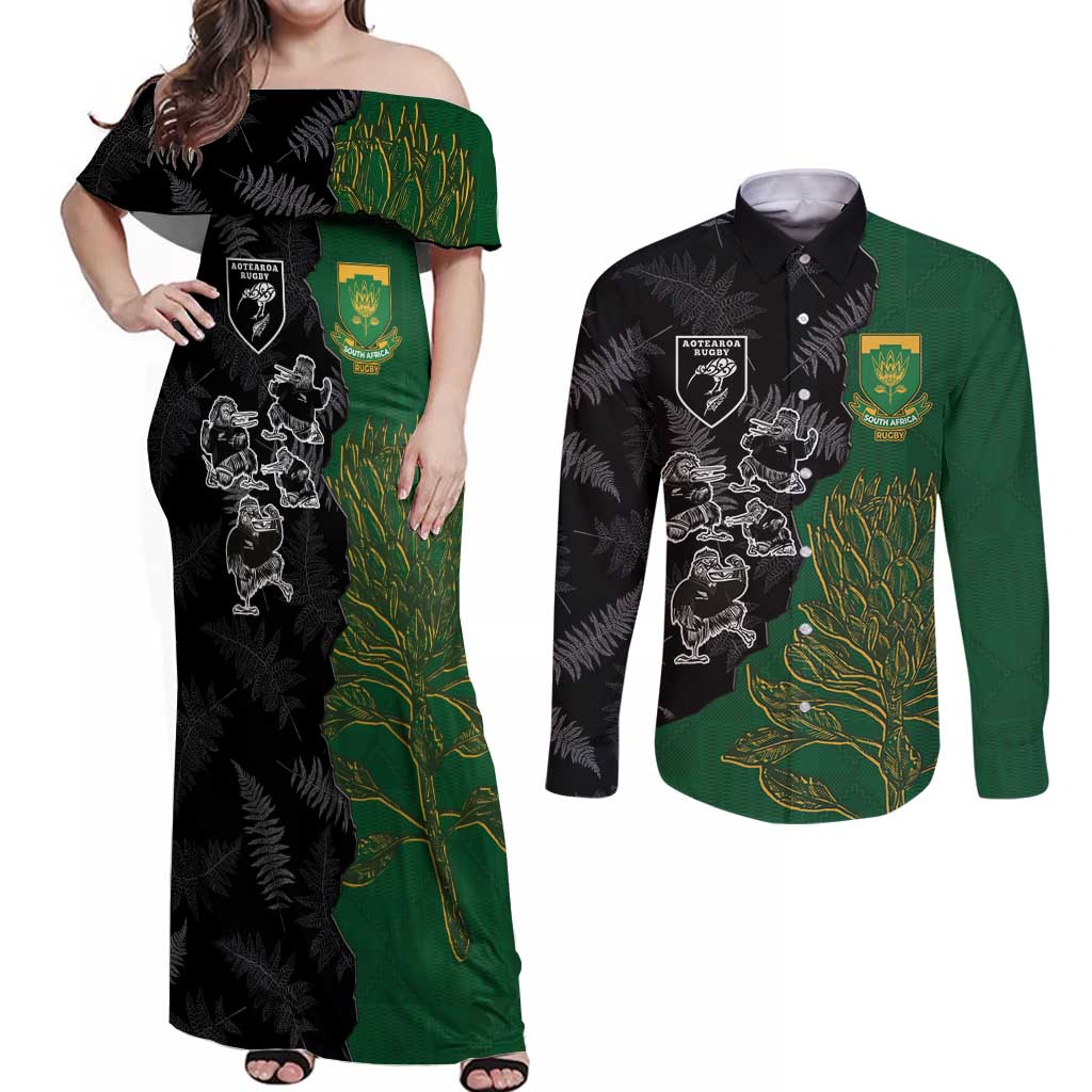 Custom Aotearoa South Africa Rugby Freedom Cup Couples Matching Off Shoulder Maxi Dress and Long Sleeve Button Shirt Kiwi Warriors Haka with King Protea Symbol - Wonder Print Shop
