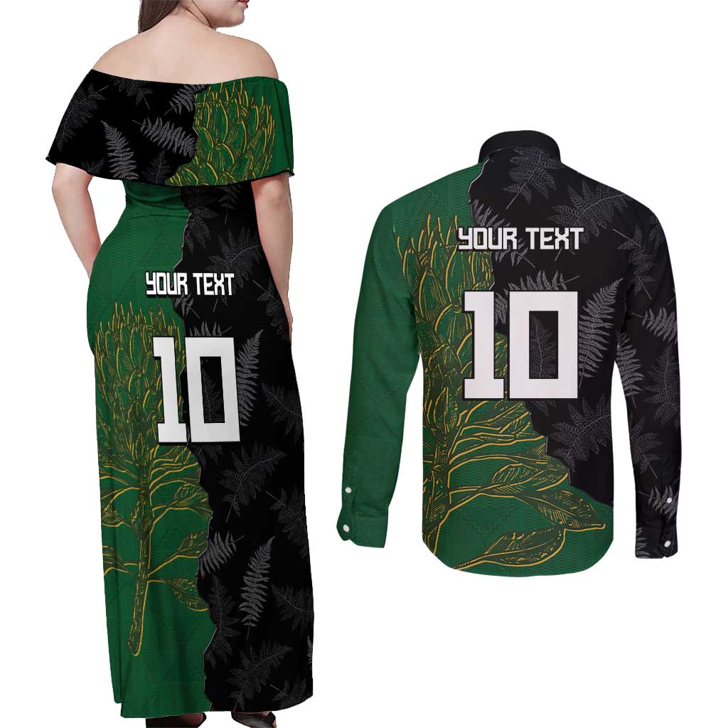 Custom Aotearoa South Africa Rugby Freedom Cup Couples Matching Off Shoulder Maxi Dress and Long Sleeve Button Shirt Kiwi Warriors Haka with King Protea Symbol - Wonder Print Shop