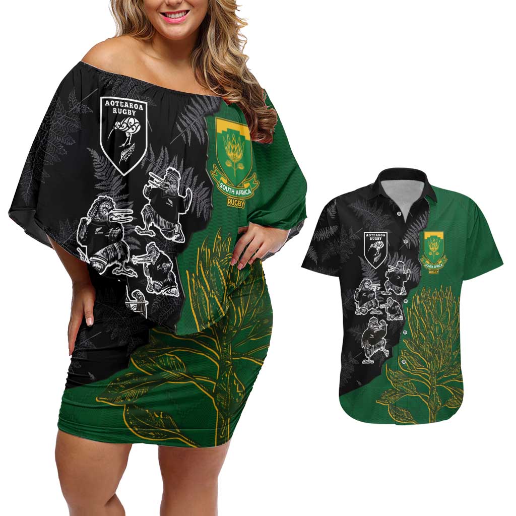 Custom Aotearoa South Africa Rugby Freedom Cup Couples Matching Off Shoulder Short Dress and Hawaiian Shirt Kiwi Warriors Haka with King Protea Symbol - Wonder Print Shop