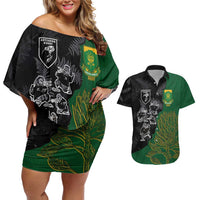 Custom Aotearoa South Africa Rugby Freedom Cup Couples Matching Off Shoulder Short Dress and Hawaiian Shirt Kiwi Warriors Haka with King Protea Symbol - Wonder Print Shop