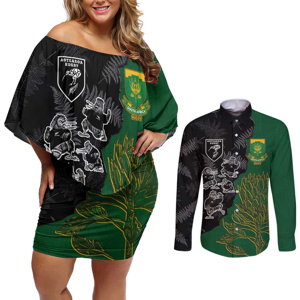 Custom Aotearoa South Africa Rugby Freedom Cup Couples Matching Off Shoulder Short Dress and Long Sleeve Button Shirt Kiwi Warriors Haka with King Protea Symbol - Wonder Print Shop