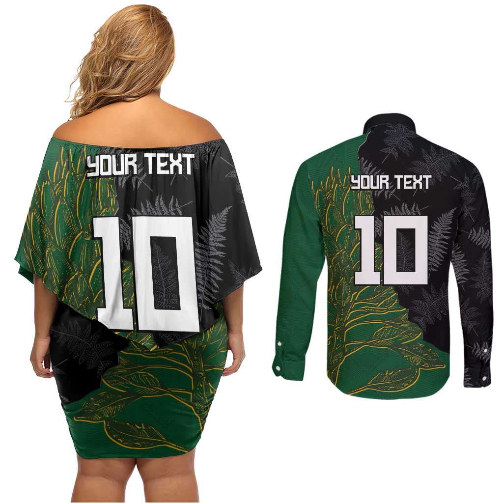 Custom Aotearoa South Africa Rugby Freedom Cup Couples Matching Off Shoulder Short Dress and Long Sleeve Button Shirt Kiwi Warriors Haka with King Protea Symbol - Wonder Print Shop