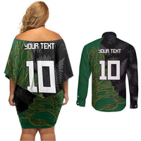 Custom Aotearoa South Africa Rugby Freedom Cup Couples Matching Off Shoulder Short Dress and Long Sleeve Button Shirt Kiwi Warriors Haka with King Protea Symbol - Wonder Print Shop