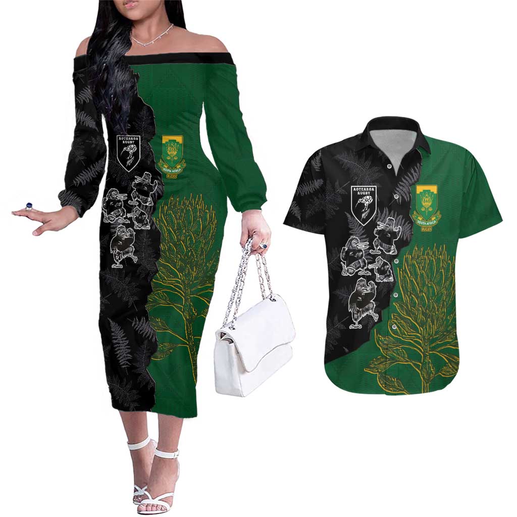 Custom Aotearoa South Africa Rugby Freedom Cup Couples Matching Off The Shoulder Long Sleeve Dress and Hawaiian Shirt Kiwi Warriors Haka with King Protea Symbol - Wonder Print Shop