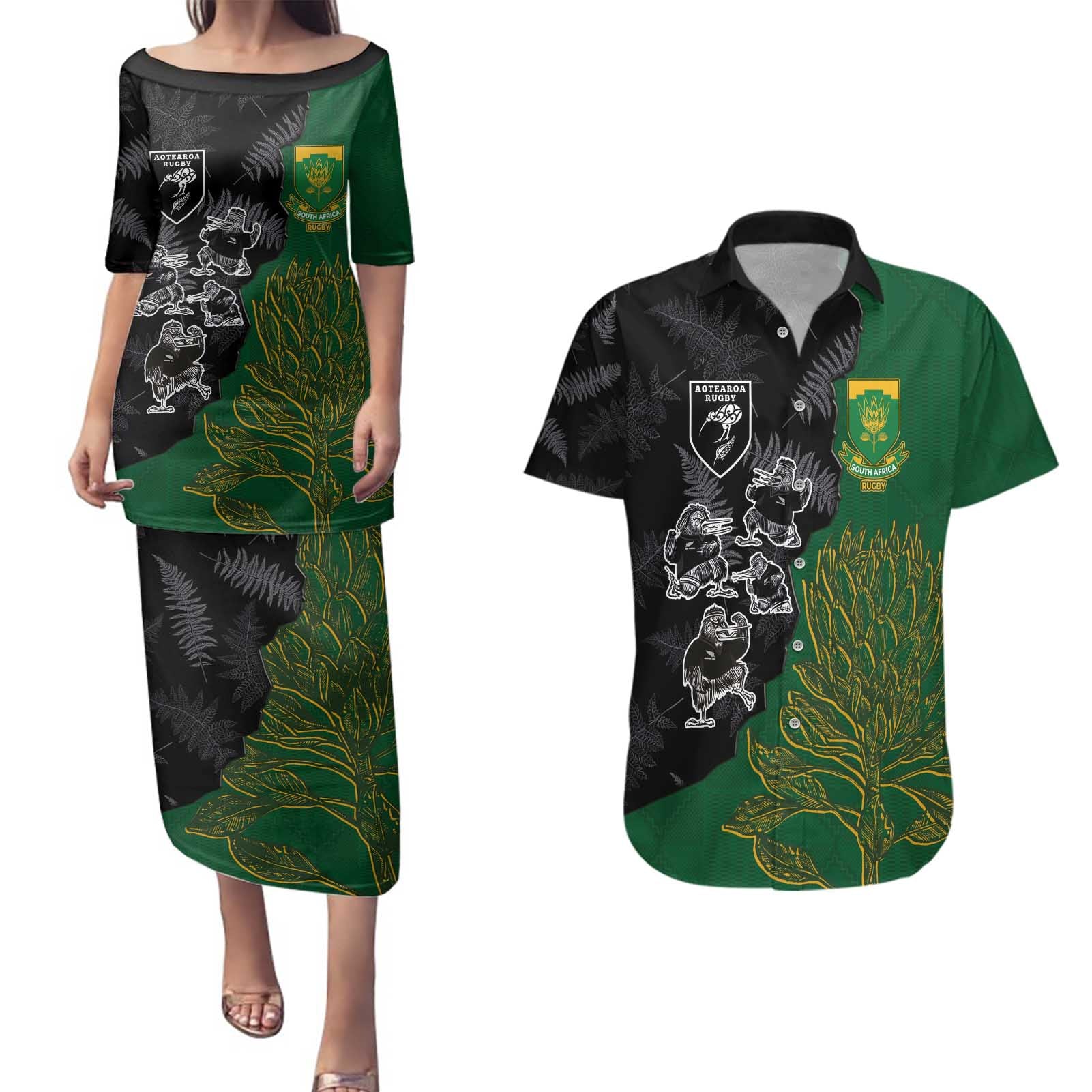 Custom Aotearoa South Africa Rugby Freedom Cup Couples Matching Puletasi and Hawaiian Shirt Kiwi Warriors Haka with King Protea Symbol - Wonder Print Shop