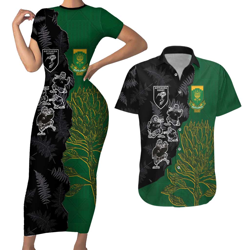 Custom Aotearoa South Africa Rugby Freedom Cup Couples Matching Short Sleeve Bodycon Dress and Hawaiian Shirt Kiwi Warriors Haka with King Protea Symbol - Wonder Print Shop