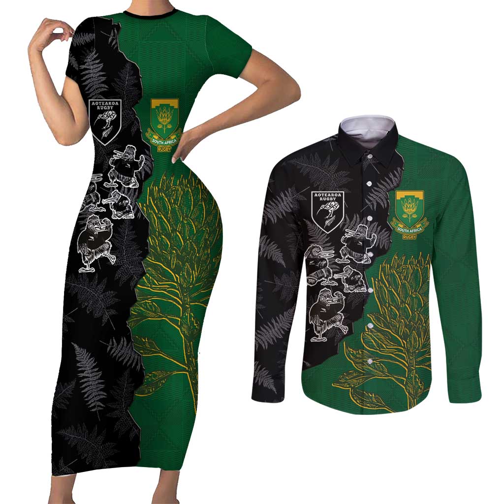 Custom Aotearoa South Africa Rugby Freedom Cup Couples Matching Short Sleeve Bodycon Dress and Long Sleeve Button Shirt Kiwi Warriors Haka with King Protea Symbol - Wonder Print Shop