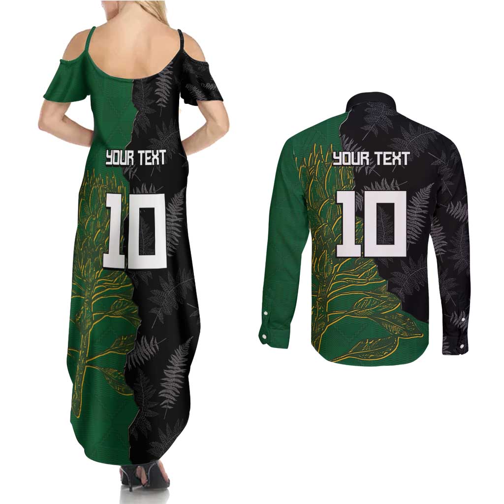 Custom Aotearoa South Africa Rugby Freedom Cup Couples Matching Summer Maxi Dress and Long Sleeve Button Shirt Kiwi Warriors Haka with King Protea Symbol - Wonder Print Shop