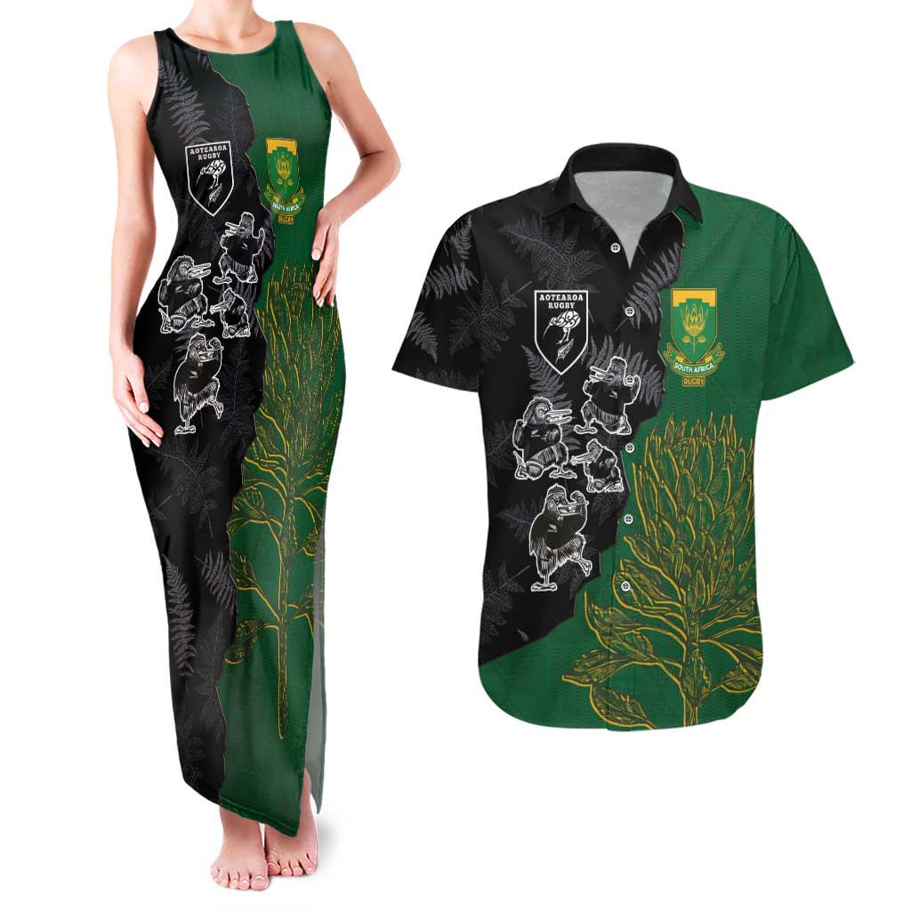 Custom Aotearoa South Africa Rugby Freedom Cup Couples Matching Tank Maxi Dress and Hawaiian Shirt Kiwi Warriors Haka with King Protea Symbol - Wonder Print Shop