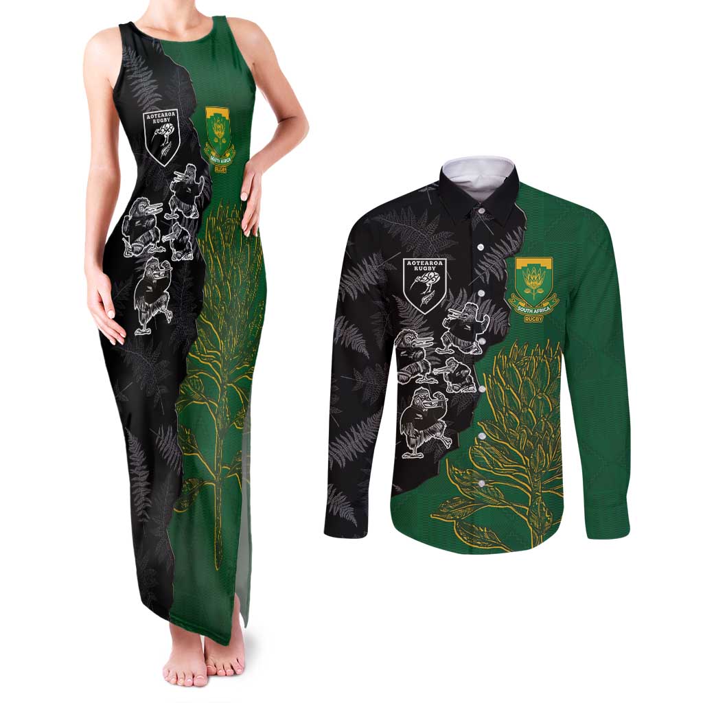 Custom Aotearoa South Africa Rugby Freedom Cup Couples Matching Tank Maxi Dress and Long Sleeve Button Shirt Kiwi Warriors Haka with King Protea Symbol - Wonder Print Shop
