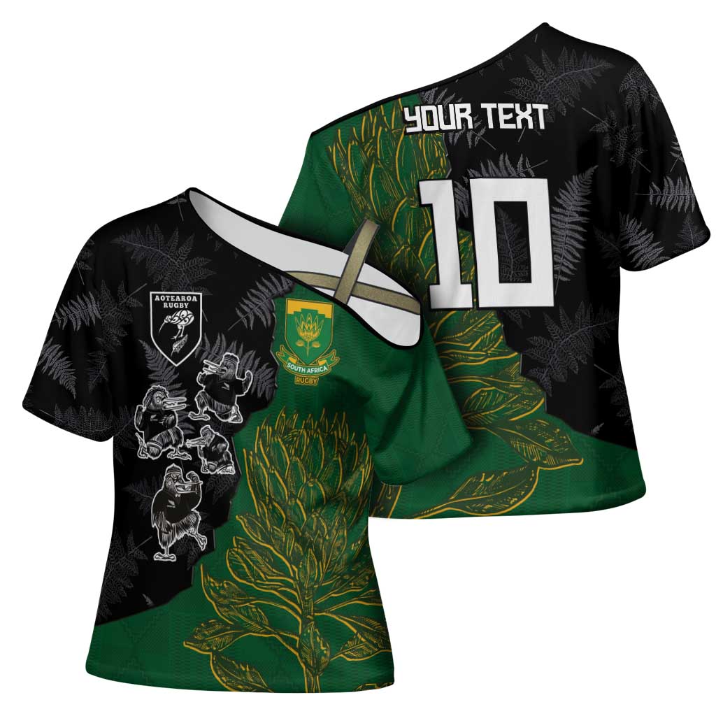 Custom Aotearoa South Africa Rugby Freedom Cup Cross Shoulder Shirt Kiwi Warriors Haka with King Protea Symbol - Wonder Print Shop