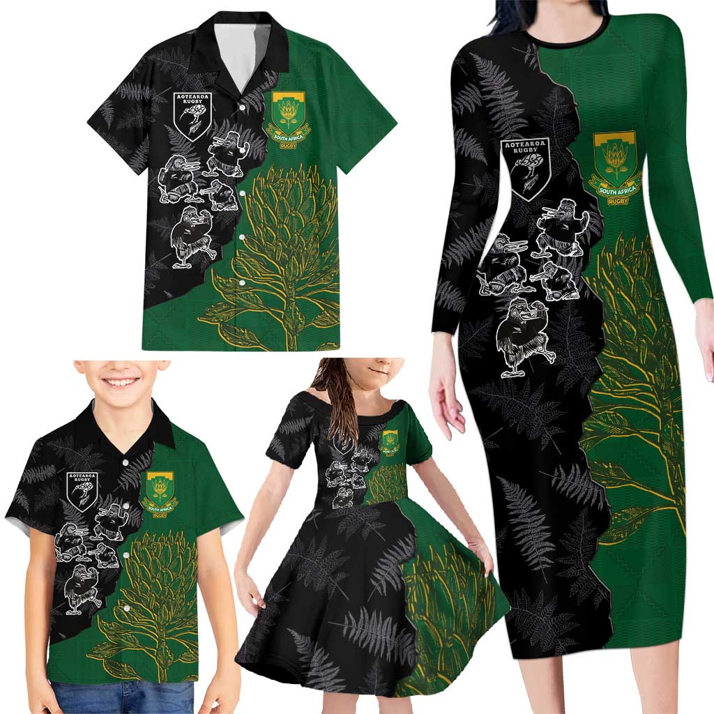 Custom Aotearoa South Africa Rugby Freedom Cup Family Matching Long Sleeve Bodycon Dress and Hawaiian Shirt Kiwi Warriors Haka with King Protea Symbol - Wonder Print Shop