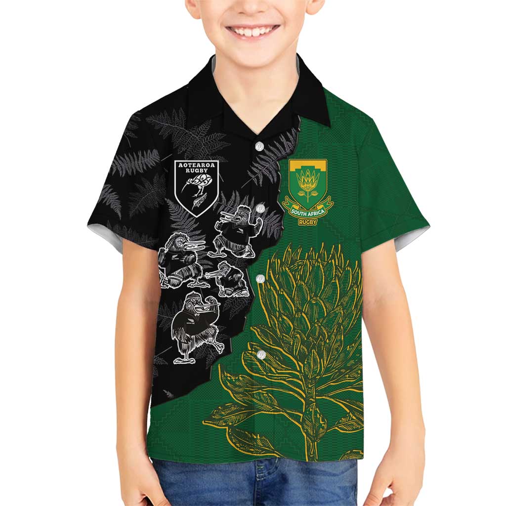 Custom Aotearoa South Africa Rugby Freedom Cup Family Matching Long Sleeve Bodycon Dress and Hawaiian Shirt Kiwi Warriors Haka with King Protea Symbol - Wonder Print Shop