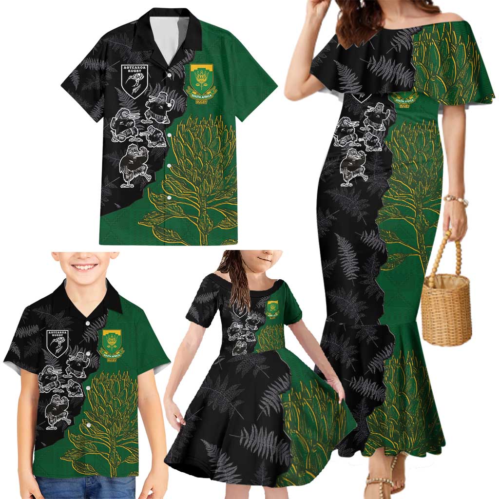 Custom Aotearoa South Africa Rugby Freedom Cup Family Matching Mermaid Dress and Hawaiian Shirt Kiwi Warriors Haka with King Protea Symbol - Wonder Print Shop