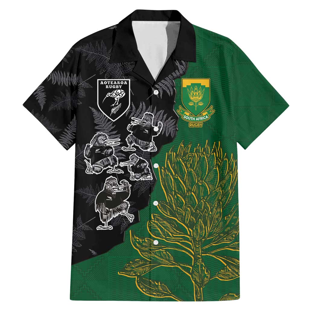 Custom Aotearoa South Africa Rugby Freedom Cup Family Matching Mermaid Dress and Hawaiian Shirt Kiwi Warriors Haka with King Protea Symbol - Wonder Print Shop