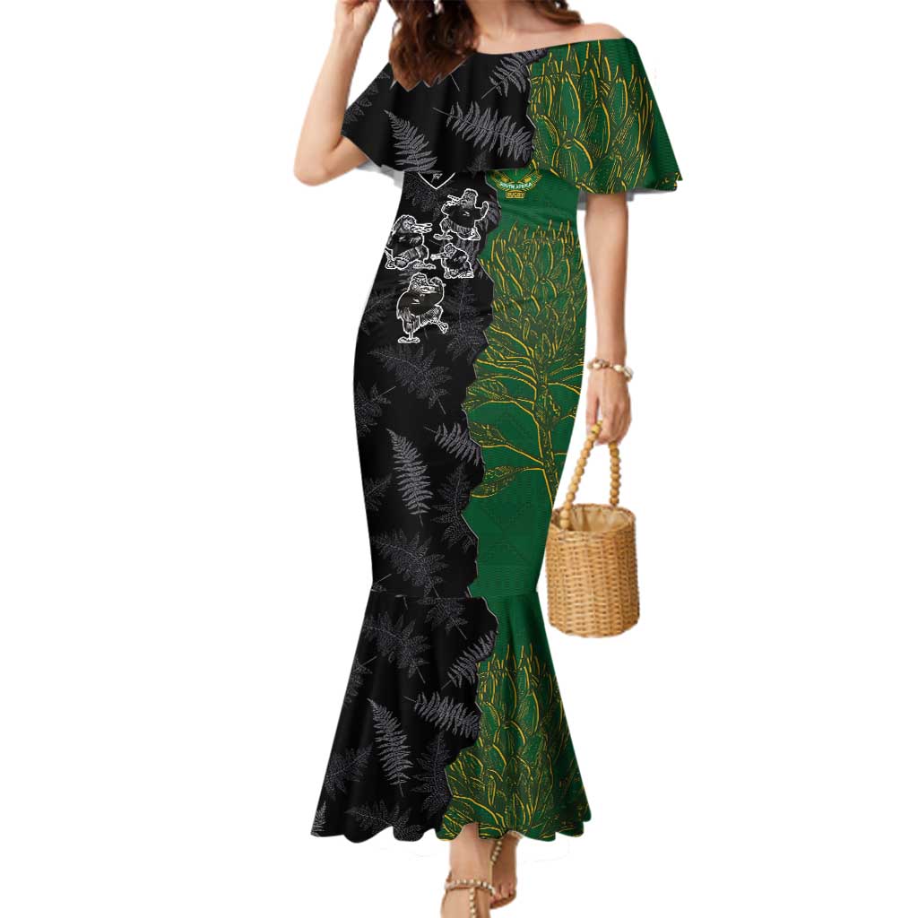 Custom Aotearoa South Africa Rugby Freedom Cup Family Matching Mermaid Dress and Hawaiian Shirt Kiwi Warriors Haka with King Protea Symbol - Wonder Print Shop